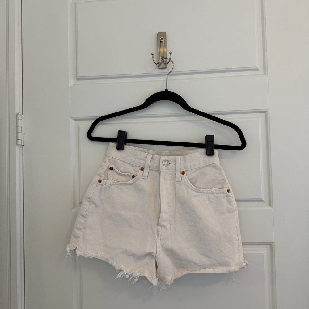RE/DONE High Rise White Denim Mini Shorts
